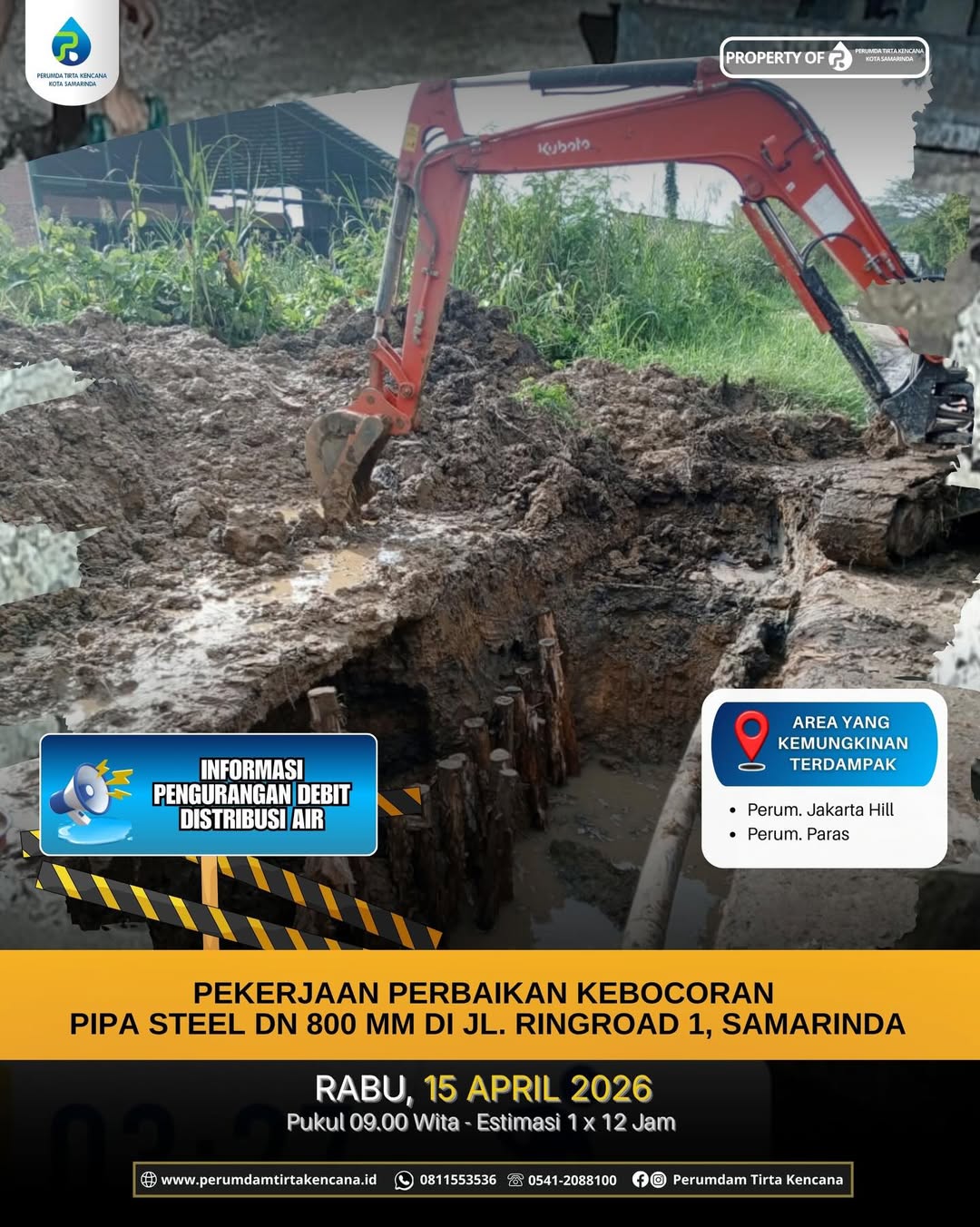 DARURAT.  Perumda Tirta Kencana Samarinda terpaksa menempuh langkah darurat guna perbaikan kebocoran pipa distribusi di Jalan Ringroad I.