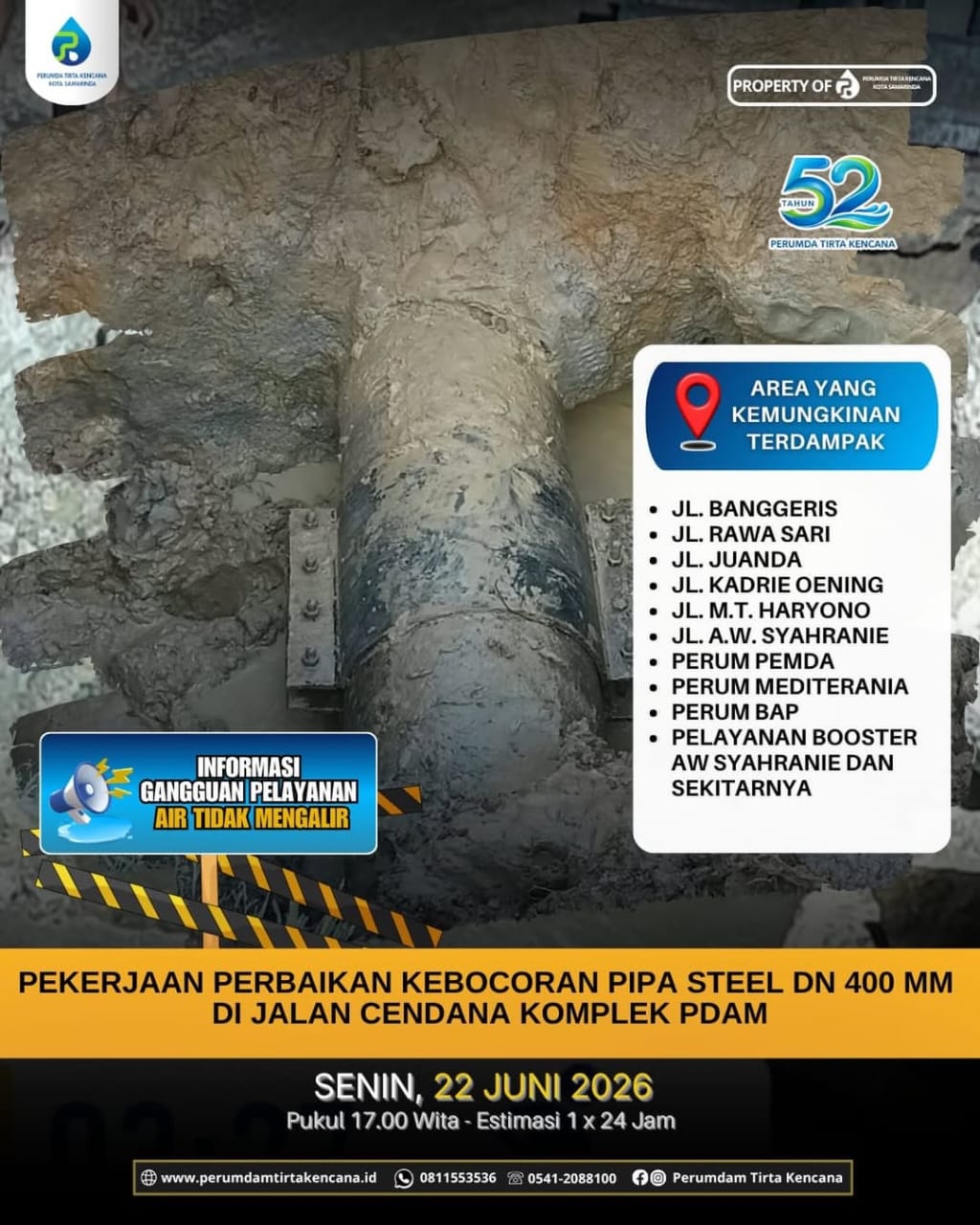 Pipa Utama Bocor, Distribusi Air di Sejumlah Wilayah Samarinda Terganggu